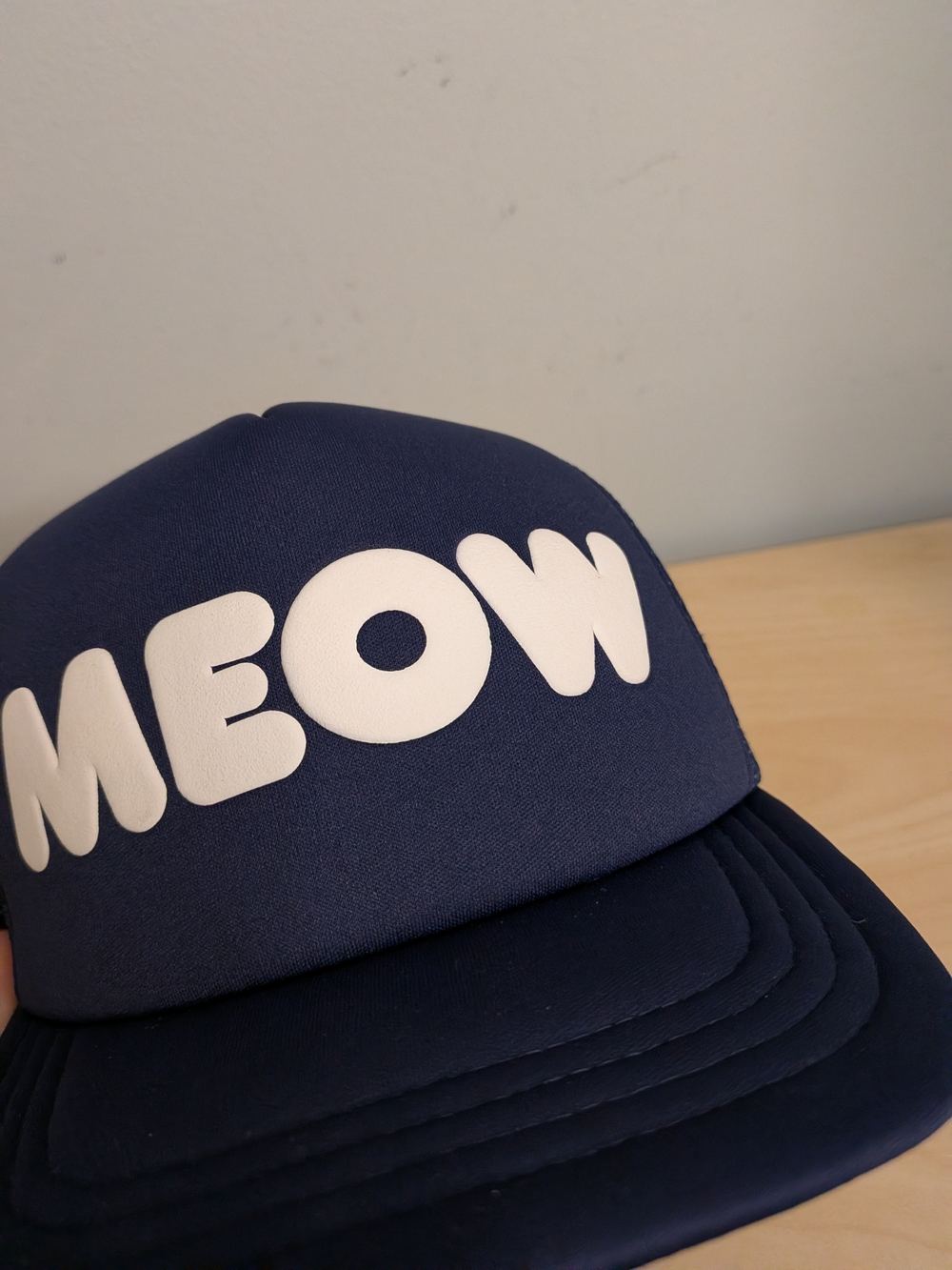 Meow Puffy Text Navy Trucker Hat Cat Kitty Funny Animal Lover Collector - Picture 2 of 4